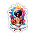 Sticker Design: Man Meditating in Space Against a Vibrant Floral Background, featuring a serene man in lotus position surrounded by colorful flowers, ideal for unique stickers or digital artwork from Decal Venue.