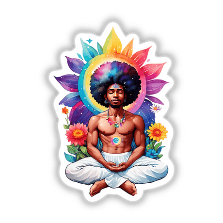 Sticker Design: Man Meditating in Space Against a Vibrant Floral Background, featuring a serene man in lotus position surrounded by colorful flowers, ideal for unique stickers or digital artwork from Decal Venue.