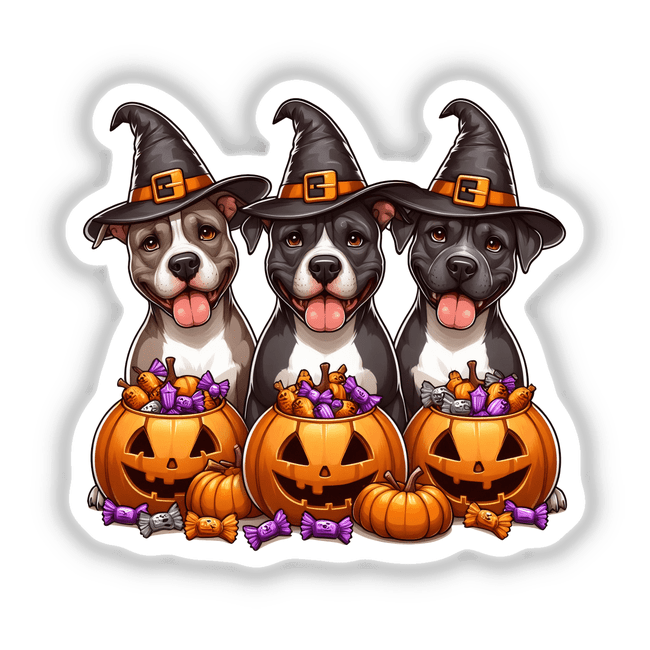 Halloween Trick or Treat Trio Pitbull Dogs II features cartoon-style pitbulls in hats surrounded by pumpkins, available as stickers or digital artwork, perfect for Halloween-themed decor.