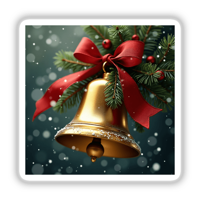 Christmas Bell Envelope Seal Stickers featuring a gold bell adorned with a red bow and pine branches, ideal for enhancing holiday cards and gifts with festive charm.