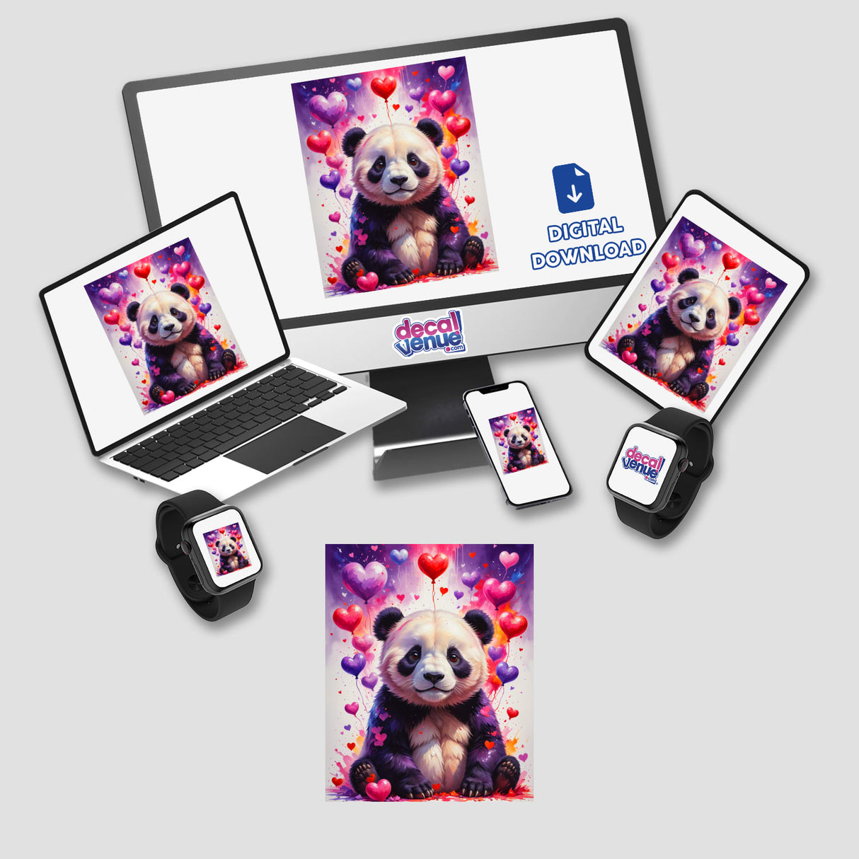 Cute Panda Bear With Love Hearts displayed on a computer monitor and laptop screen, available as stickers or digital artwork from Decal Venue.