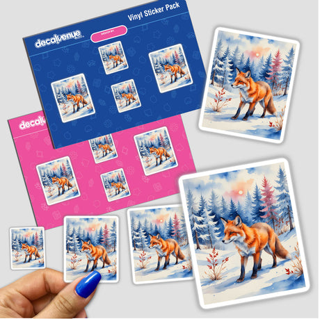 Sticker titled A Red Fox In A Winter Forest, depicting a stylized fox amidst snow-covered trees. Available as a vinyl sticker or digital artwork.