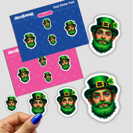 St. Patrick's Day Leprechaun sticker featuring a cartoon man with a green beard and hat. Available as a sticker or digital artwork from Decal Venue.