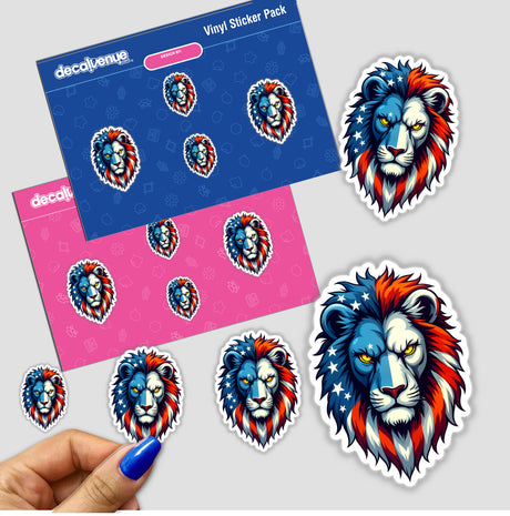 A Cool American Flag Lion sticker, featuring multiple lion head designs and a hand holding one, showcasing detailed graphic art available as stickers or digital artwork from Decal Venue.