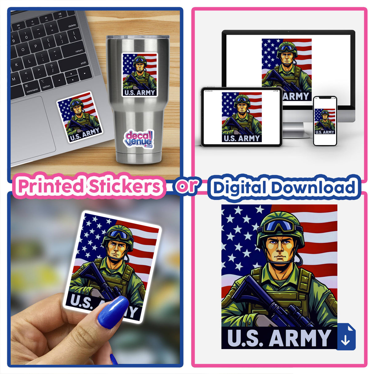 Collage featuring U.S. Army - American Soldier With Flag as stickers or digital artwork, showcasing a soldier in military uniform on a laptop screen, emblematic of Decal Venue's unique offerings.