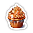 Delectable caramel cupcake with creamy swirls and drizzled topping, displayed on a white background.