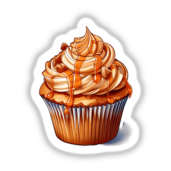 Delectable caramel cupcake with creamy swirls and drizzled topping, displayed on a white background.