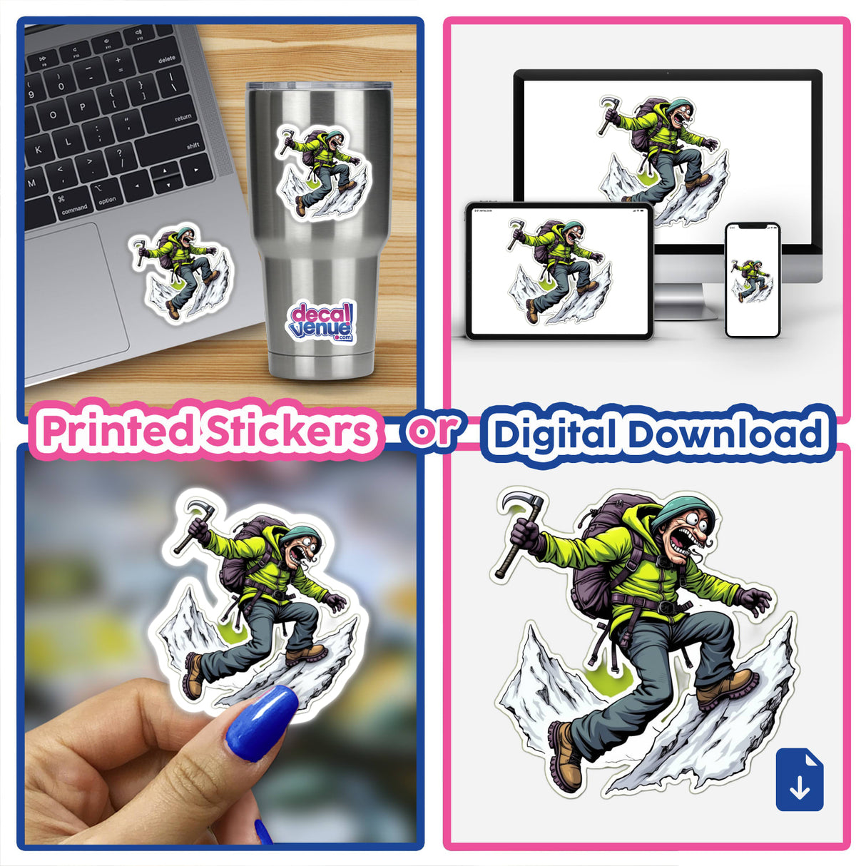 Collage featuring Alpinista Sedento stickers and digital artwork, with images of a skier, nail painting, and multiple cartoons of a man climbing a mountain.