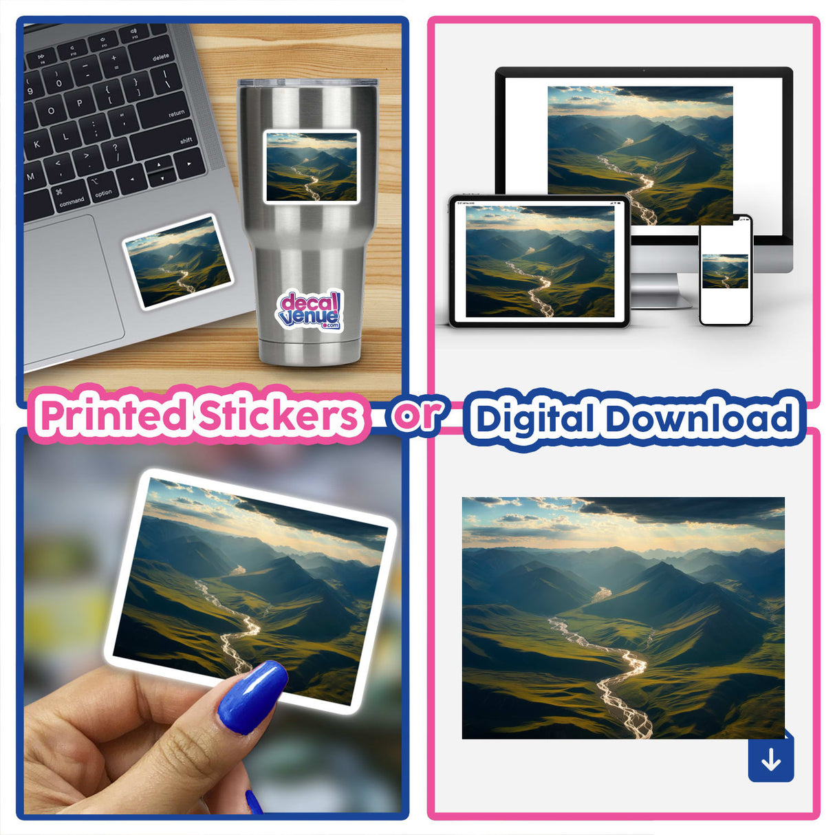 Golden Hour Over Serene Mountain Valley with Winding River, depicted in a collage with a laptop, available as unique stickers or digital artwork from Decal Venue.