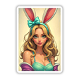 a woman with long blonde hair wearing bunny ears