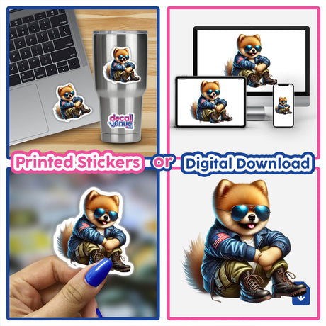 Patriotic Pomeranian puppy wearing aviator sunglasses and leather jacket, featured on stickers and digital artwork.