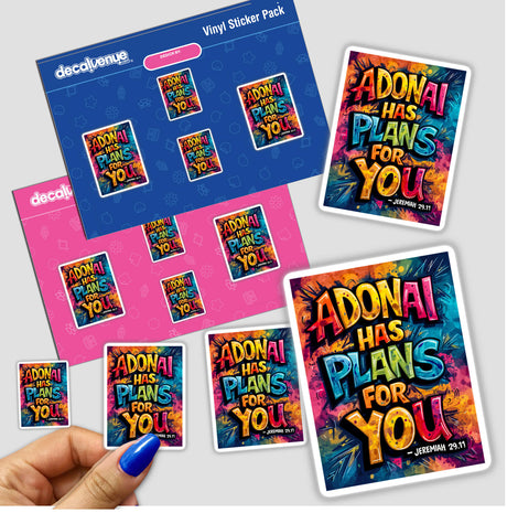 Hand holding Inspirational Scripture Art Clipart - Jeremiah 29:11 - Adonai Has Plans for You stickers, featuring vibrant text and designs. Available as stickers or digital artwork.