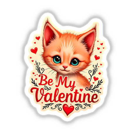 Be My Valentine Valentine's Day Kitten sticker features a cartoon cat with blue eyes surrounded by hearts, ideal for adding a whimsical touch to your collection.