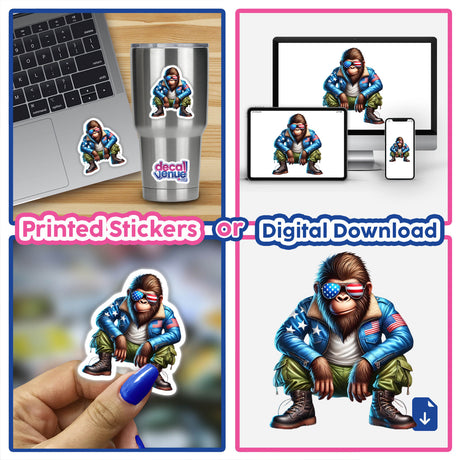 Patriotic Sasquatch wearing aviator sunglasses in various digital artwork displays and printed stickers