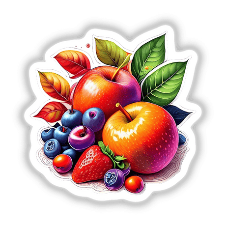 Assorted ripe fruits with vibrant leaves, digital artwork showcasing various delectable produce.