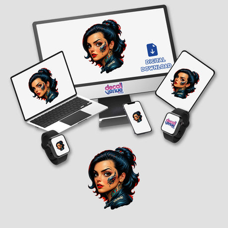 A digital artwork titled A Pretty Biker Girl With Tattoos showing a woman's face with tattoos displayed on a computer monitor and laptop, available as stickers or digital art.