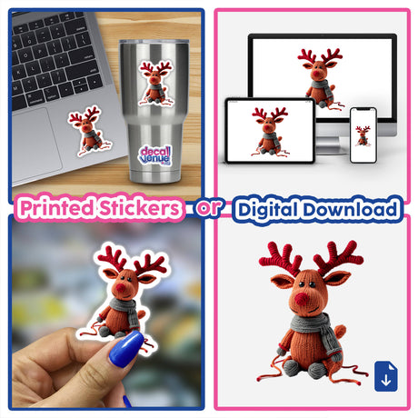 Knitted Yarn Reindeer, wearing a scarf, featured prominently in a collage with a laptop and sticker, reflecting Decal Venue's unique offerings of stickers and digital artwork.