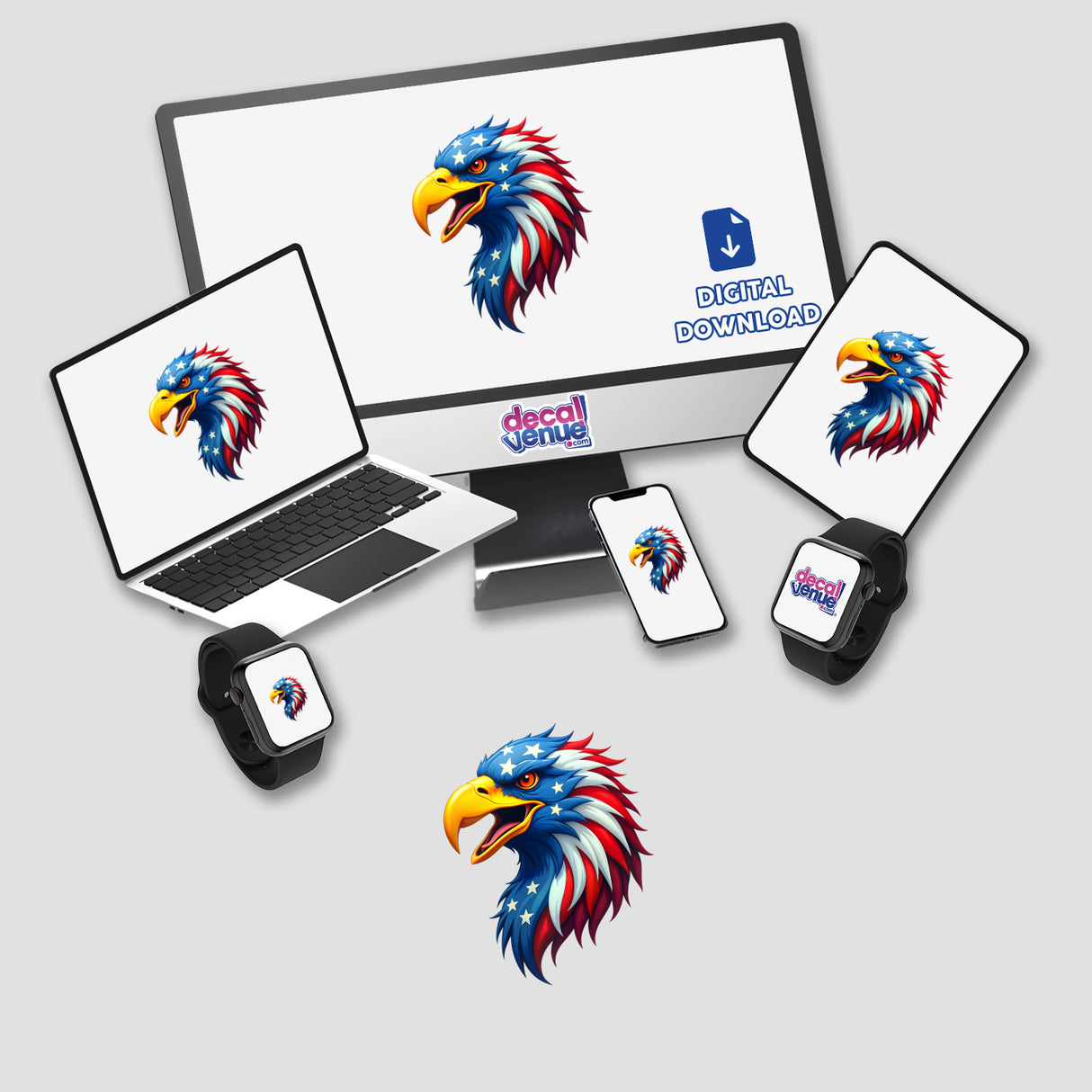 A Cool American Flag Eagle digital artwork displayed on a computer monitor and laptop, showcasing a cartoon bird head with stars and stripes, available as stickers or digital art.