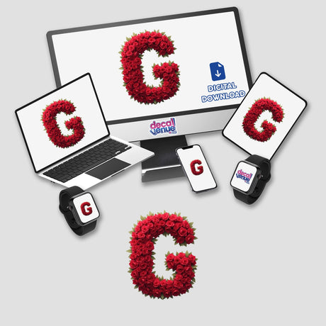 Elegant Floral Letter G Clipart - Downloadable Sticker with Commercial Rights, displayed on a computer monitor, laptop, tablet, and smartphone, featuring intricate floral designs on each device screen.