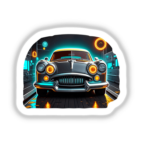 A Classic Futuristic Car in a tunnel, showcasing its sleek design and headlights; available as unique stickers or digital artwork from Decal Venue.