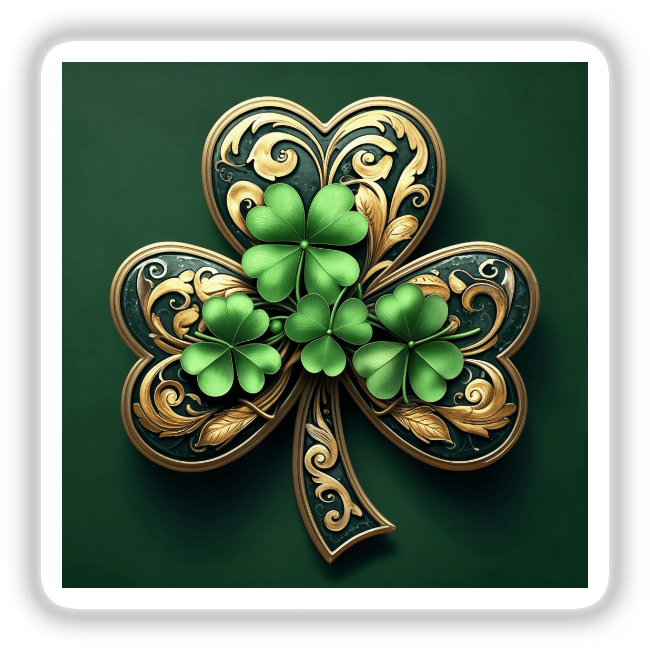 Elegant Shamrock with Gold Filigree: A detailed green and gold shamrock design, available as vinyl stickers or digital artwork, embodying intricate artistry suitable for decor from Decal Venue.