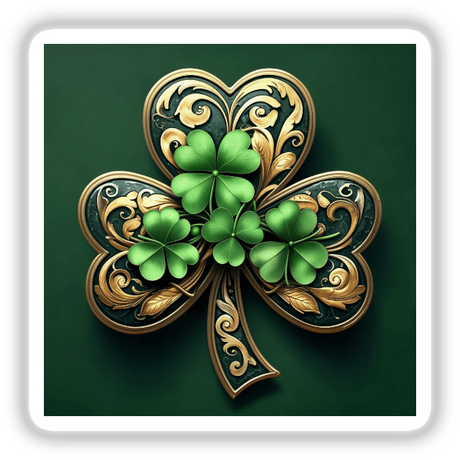 Elegant Shamrock with Gold Filigree: A detailed green and gold shamrock design, available as vinyl stickers or digital artwork, embodying intricate artistry suitable for decor from Decal Venue.