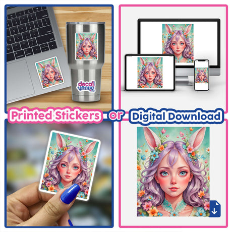 A collage featuring A Cute Easter Bunny Girl sticker on a laptop, highlighting a cartoon girl with bunny ears and flowers, reflecting Decal Venue's unique vinyl sticker offerings.