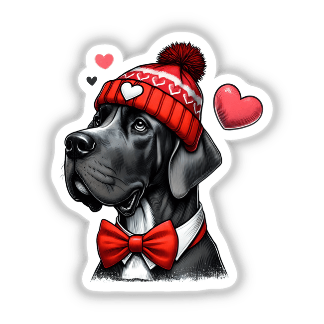 Great Dane with Beanie Hatpng: Illustration of a Great Dane wearing a red beanie and bow tie, available as unique stickers or digital artwork from Decal Venue.