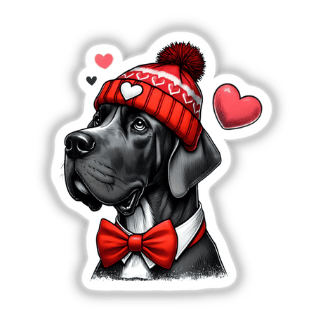 Great Dane with Beanie Hatpng: Illustration of a Great Dane wearing a red beanie and bow tie, available as unique stickers or digital artwork from Decal Venue.