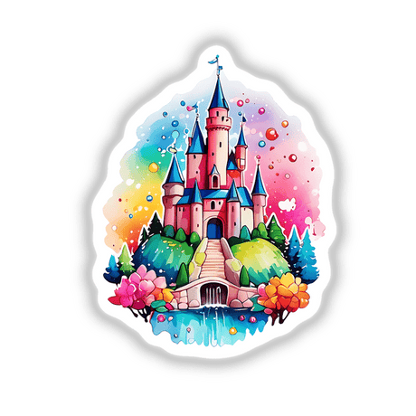 Whimsical French Castle Sticker - Floral Rainbow Kawaii Design: A cartoon castle with trees, flowers, and a rainbow, perfect for adding a touch of whimsical charm to any surface.