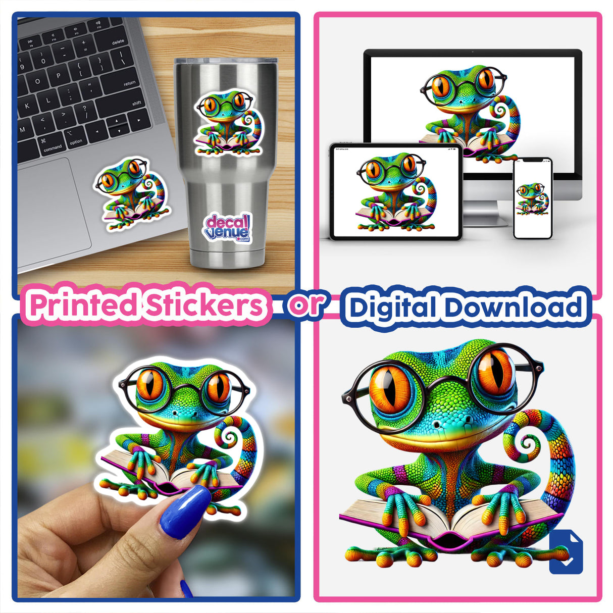 Gecko With Reading Glasses Open Book sticker displayed on a laptop, showcasing a cartoon lizard engrossed in a book, perfect for adding whimsy to digital or physical surfaces.