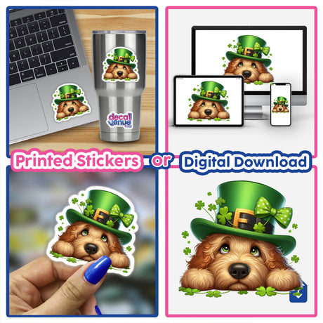 Leprechaun Peeking Goldendoodle Dog collage features a cartoon dog in a green hat, seen across laptops and stickers, highlighting Decal Venue's unique vinyl stickers and digital art offerings.