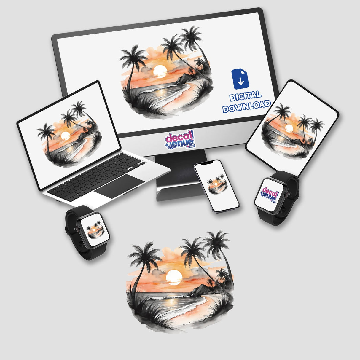 Laptop, phone, and smart watch featuring the digital artwork Palm Tree Beach Sunset PA07 showcasing a serene beach scene with palm trees and a vibrant sunset. Available as stickers or digital artwork.