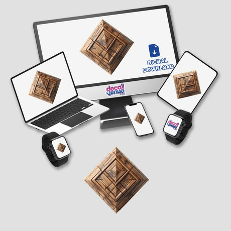 Carved Wood Diamond design displayed on a computer monitor and laptop, available as stickers or digital artwork, showcasing a wooden pyramid motif, perfect for unique decor from Decal Venue.