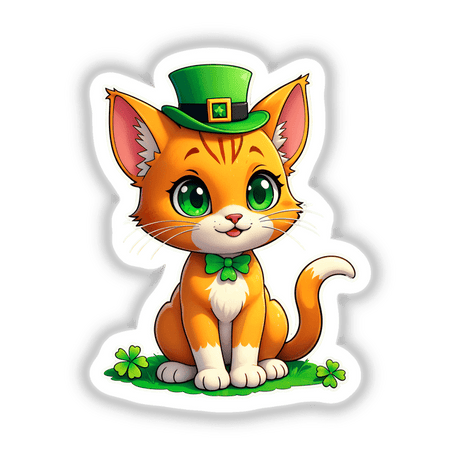 St. Patrick's Day Kitten cartoon featuring a cat in a leprechaun hat and green bow tie, available as stickers or digital artwork from Decal Venue.