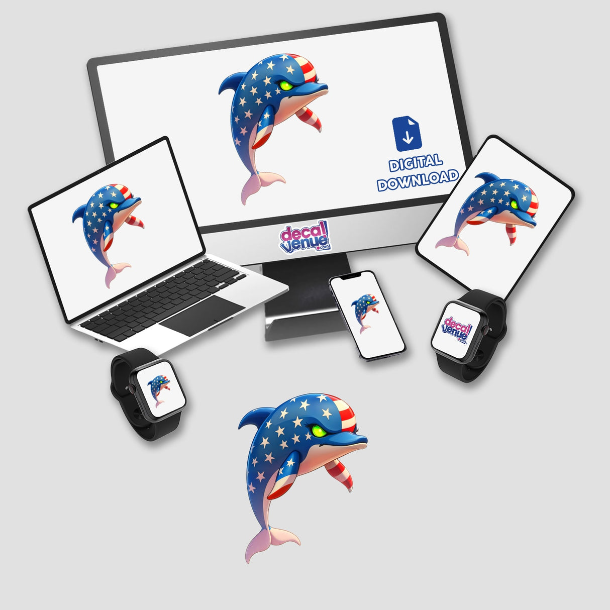 A Cool American Flag Dolphin depicted on a computer monitor and laptop screen, showcasing a cartoon dolphin with stars and stripes, available as stickers or digital artwork.