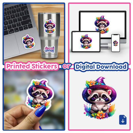 Collage featuring Tiny Raccoon Witch stickers adorning a laptop, a cup, and digital artwork, highlighting a raccoon wearing a hat in various whimsical poses.