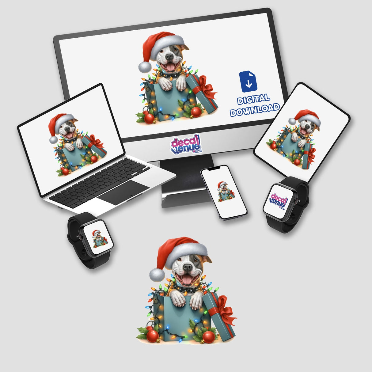 Santa Eye Patch Pitbull Dog in a Christmas Box depicted on various digital devices, available as stickers or digital artwork from Decal Venue, showcasing unique festive and playful designs.