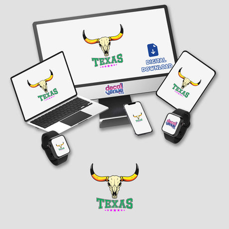 Texas USA Skull Design displayed on a computer monitor and laptop, featuring a stylized bull skull. Available as unique stickers or digital artwork from Decal Venue.