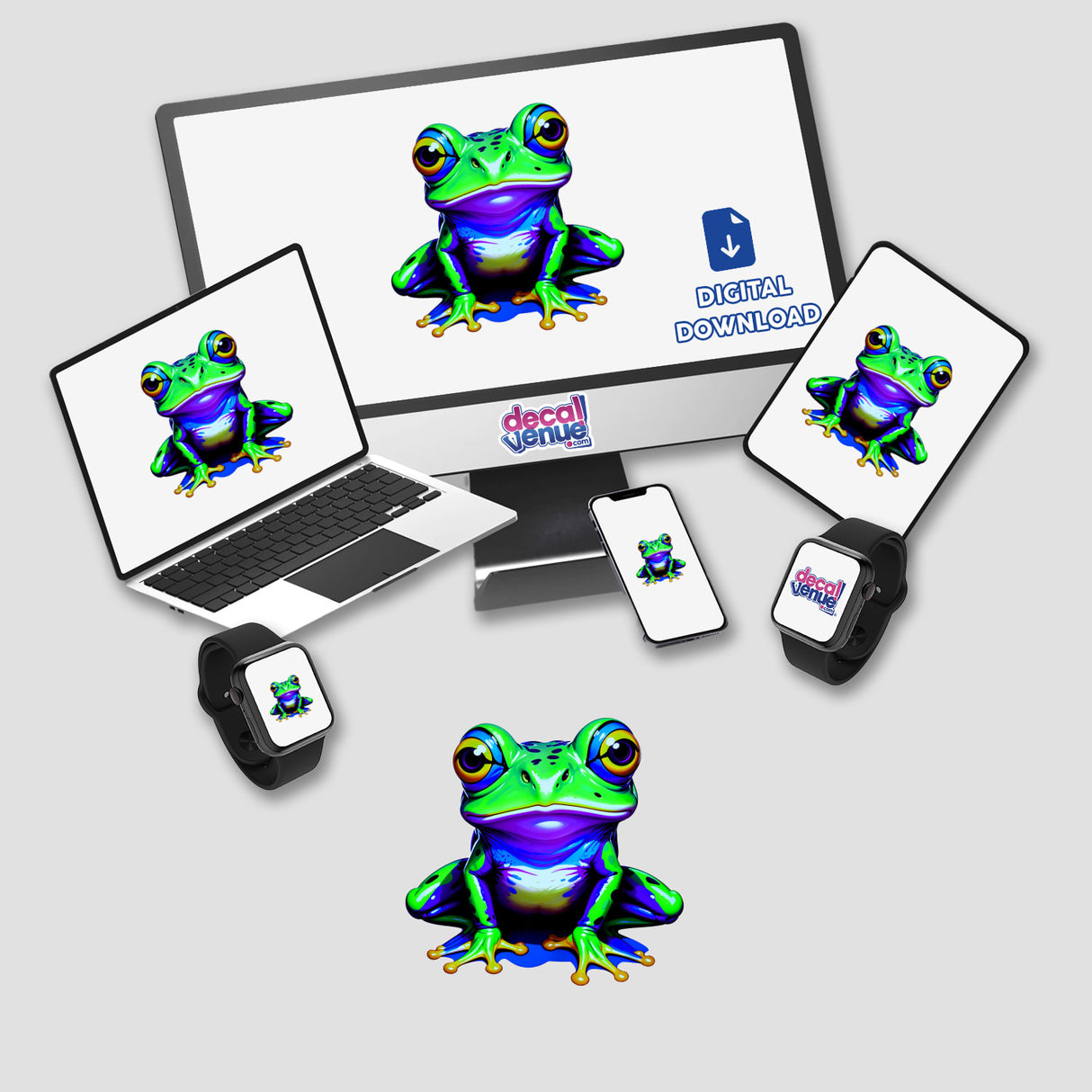 A computer monitor and laptop display A Colorful Jungle Frog cartoon, available as stickers or digital artwork from Decal Venue, highlighting unique and vibrant digital designs.