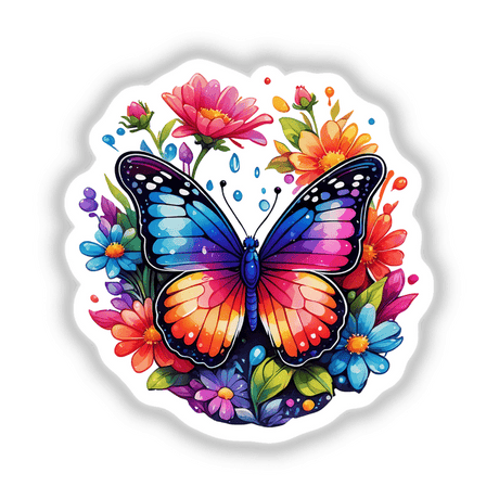 Butterfly Bliss: Watercolor Floral Splash - Detailed image of a butterfly amidst flowers, available as stickers or digital artwork from Decal Venue.