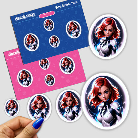 Sticker pack featuring a cute anime superhero girl in various cartoon poses, with a hand holding one of the stickers. Ideal for fans of unique vinyl stickers and digital art.