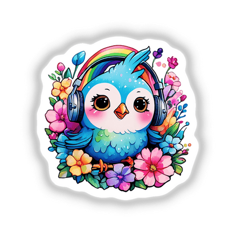 Cartoon birdie listening to music with headphones, surrounded by flowers. Available as stickers or digital artwork.