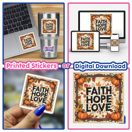 Autumn Faith Hope Love Thanksgiving Clipart | Stickers or Commercial Rights Download, featuring a collage of diverse stickers, including text and signs, ideal for laptops and digital artwork.