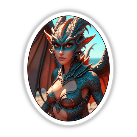 A Beautiful Fantasy Dragon Girl depicted in anime style, featuring a woman adorned in a dragon-themed garment, available as stickers or digital artwork from Decal Venue.