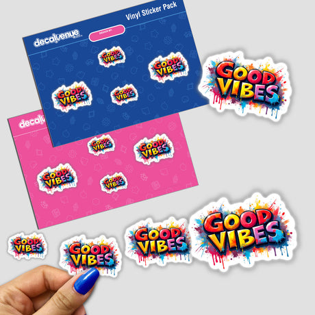 Good Vibes Graffiti Art sticker pack featuring vibrant designs with paint splatters, available as stickers or digital artwork, capturing the essence of unique street art from Decal Venue.