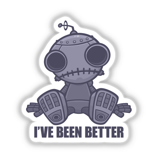 I've Been Better Sad Robot Cartoon depicted in a playful, sketch-style illustration, available as stickers or digital artwork from Decal Venue, offering unique and expressive design elements.