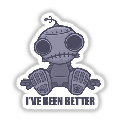 I've Been Better Sad Robot Cartoon depicted in a playful, sketch-style illustration, available as stickers or digital artwork from Decal Venue, offering unique and expressive design elements.