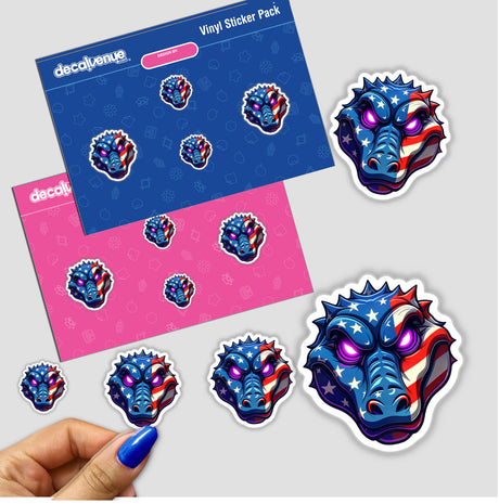 A Cool American Flag Alligator sticker held in a hand, featuring a cartoon reptile head with an American flag. Available as stickers or digital artwork from Decal Venue.