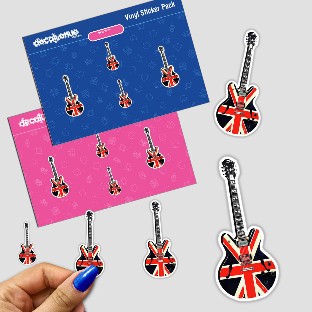 Union Jack Electric Guitar sticker held in hand, showcasing its distinctive design, part of Decal Venue's unique sticker and digital art collection.